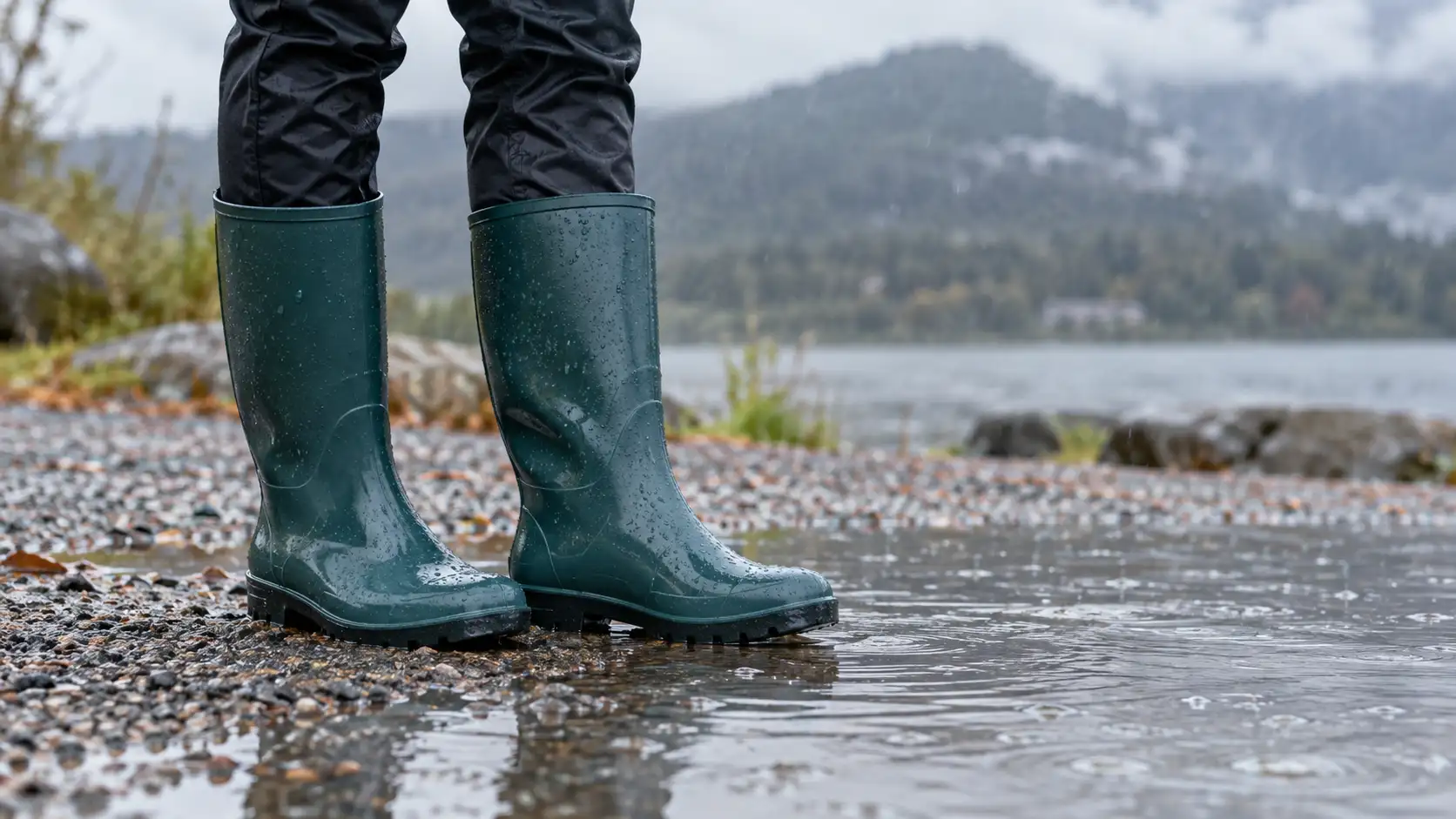 Gummistiefel an einer Pfütze