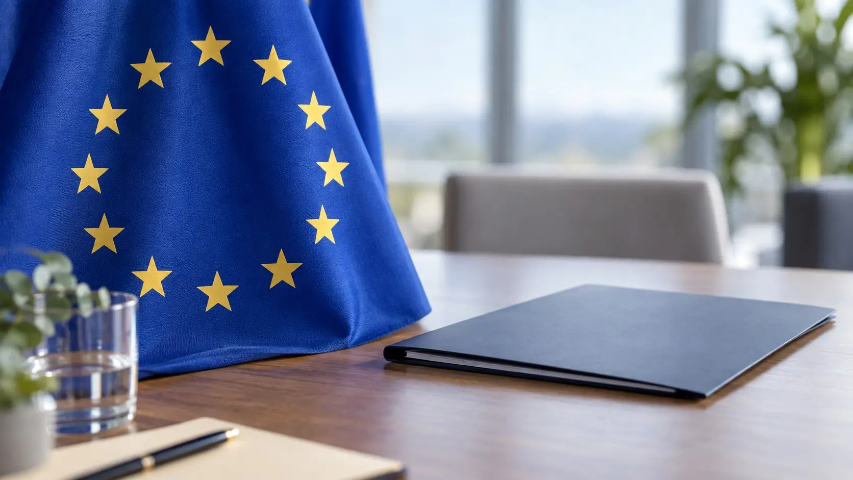 Europaflagge mit zwölf Sternen und neutrale Bürogegenstände. KI-Symbolbild.