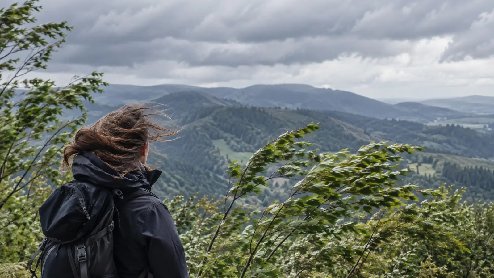 Frau mit verwehten Haaren vor bewaldetem Bergland. Generisches bewaldetes Bergland ohne markante Gipfel.